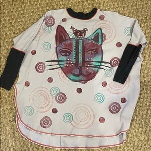 Blue Fish hand painted Cat & bird waffle knit tunic - lilac color. One size